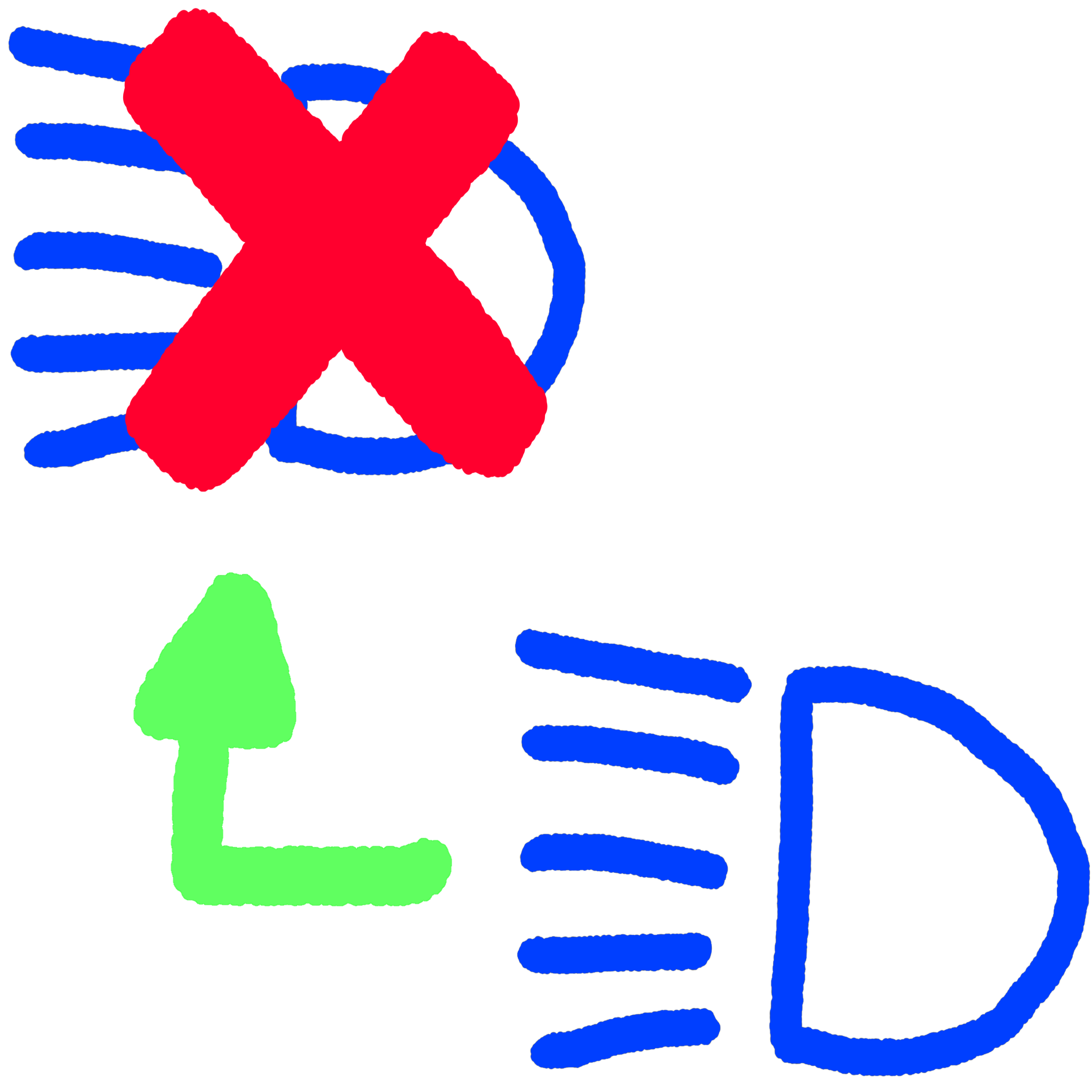 5 dashes next to an upper case D with a green arrow pointing up to a crossed out upper case D with 5 dashes